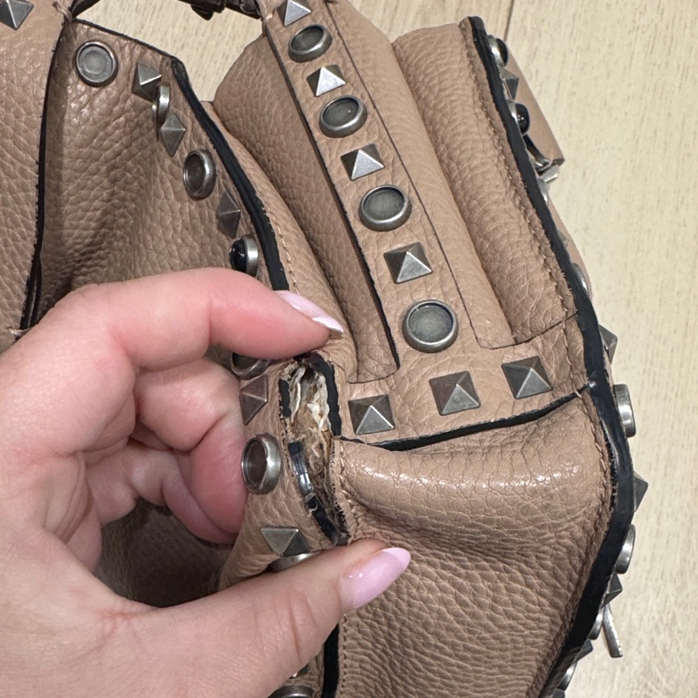 VALENTINO Studded Taupe Crossbody Bag with Patterned Strap Purse Damaged - Picture 8 of 15